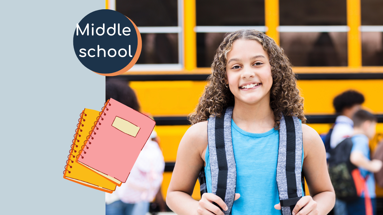 middle school girl with backpack in front of a bus with text reading "middle school"