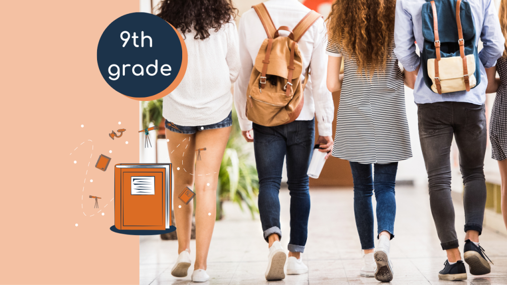 high school students walking with a circle title that says 9th grade